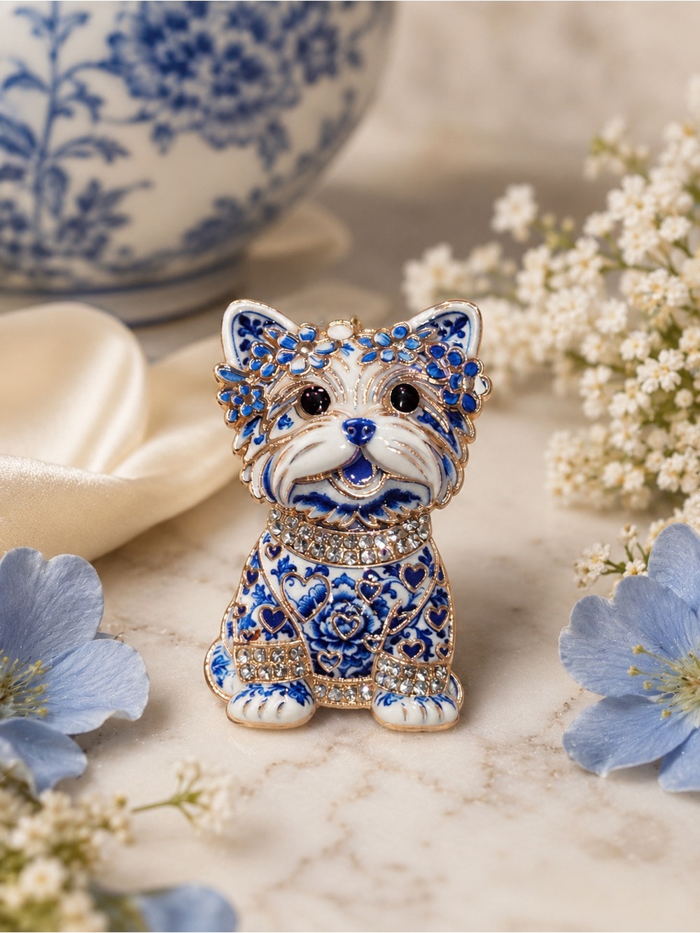 Blue & White Enamel Crystal Dog Brooch
